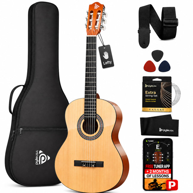 Pyle 36” Acoustic Guitar - 3/4 Size Guitare Acoustique w/ 6 Nylon Strings- For Adults, Teens, Kids, Students, Girls, Boys, Beginners, Includes Gig Bag, Tuner, Extra Strings, Picks, Strap -Left Handed