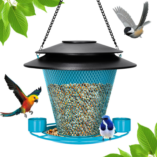 YYWMWM Solar Bird Feeder Outdoors Wild Bird Feeders Metal Mesh Bird Feeder Outside Hanging Bird Feeder 2.5 lbs Capacity Blue
