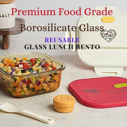 Glass Lunch Containers with 2 Lids, Microwave-Safe Silicone Vent Lid (Red) & Airtight PP Lid (White) with Utensil Storage, Leakproof Glass Snack Container, 26 oz Microwave Lunch Box for Salad & Snacks