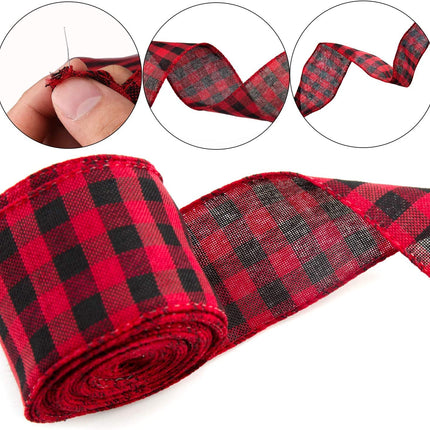 AIEX 3 Rolls Christmas Wired Ribbons, 2.5”x10 Yards Black Red/Black White Buffalo Plaid Ribbons and Natural Burlap Ribbon for DIY Craft, Gift Wrapping, Christmas Wedding Craft Decorations