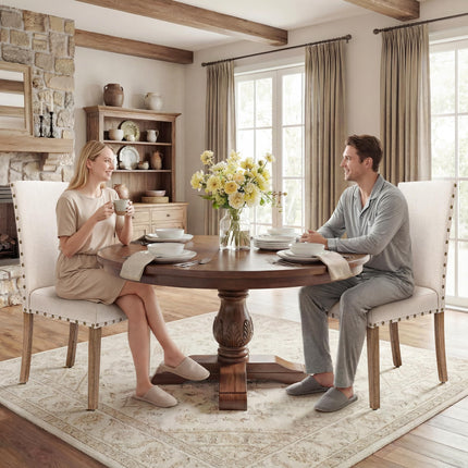 Upholstered Fabric Dining Chair Diner Kitchen Parsons Modern Stylish High Back with Bronze Nailhead Trim, Set of 2, Oat Beige