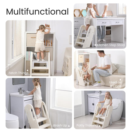hoopyosms Toddler Step Stool for Bathroom Sink Kids Foldable Toilet Potty Training Stool Adjustable 3 to 2 Stool with Handrail Baby Kitchen Stool Helper Children Step Ladder with Non-Slip Pads