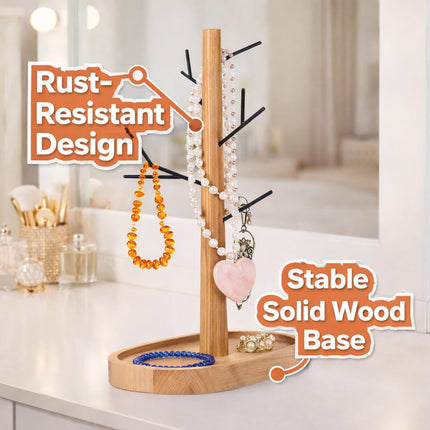 【Elegant & Sturdy】 Black Metal Jewelry Stand with Acacia Wood Tray | Necklace & Bracelet Holder | Minimalist Jewelry Organizer for Vanity, Bathroom & Retail Display | 34 cm Tall