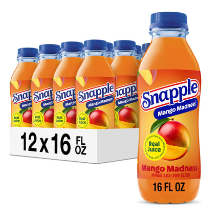 Snapple Mango Madness Flavored Juice Drink, 16 fl oz recycled plastic bottle, Pack of 12