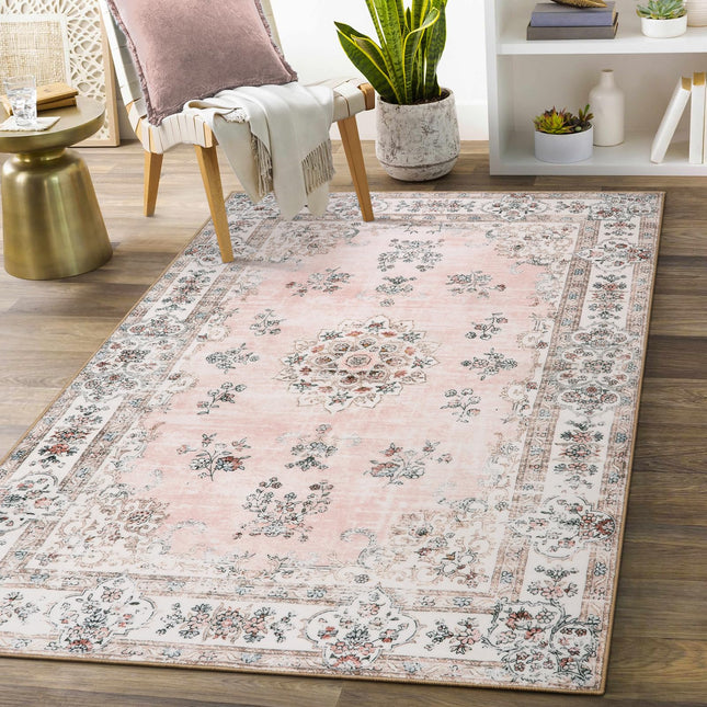 Lahome Boho Pink Area Rug 3x5', Floral Kids Rugs for Girls Room Bedroom Playroom, Washable Non Slip Flower Bathroom Mat Carpet for Nursery Entryway Bedside Indoor Floor Home Decor, Peach