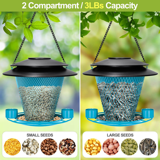 YYWMWM Solar Bird Feeder Outdoors Wild Bird Feeders Metal Mesh Bird Feeder Outside Hanging Bird Feeder 2.5 lbs Capacity Blue