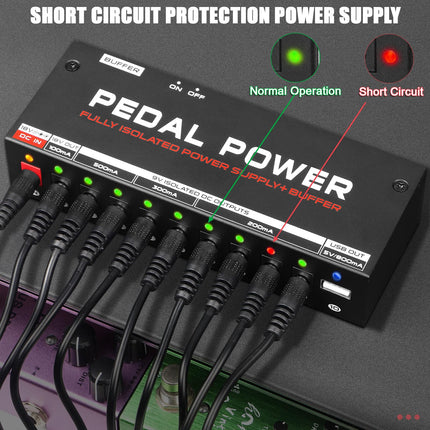 HSMOOT Pedal Power Supply Fully Isolated Guitar Pedal Power Supply 10 Independent DC Outputs for 9V/18V Guitar Bass Effect Pedal with Buffer Pedal USB Port