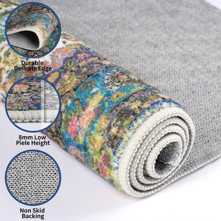 B2jiu Vintage Area Rugs 2x3ft, Machine Washable Small Rug Non Slip Soft Low Pile Thin Throw Carpet Indoor, Bedroom, Living Room, Entrance, Kitchen and Laundry Room Mat with 8 PCS Rug Tapes