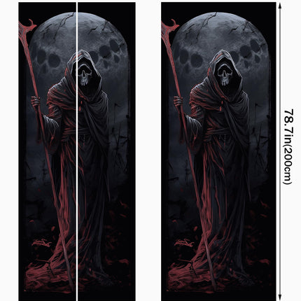 FLFK Halloween Door Mural Stickers, Ghostly Skull with Smiling Grim Reaper, Peel and Stick, Split into 2 Pieces for Total Size of 30.3 x 78.7 inches, For Halloween home decor