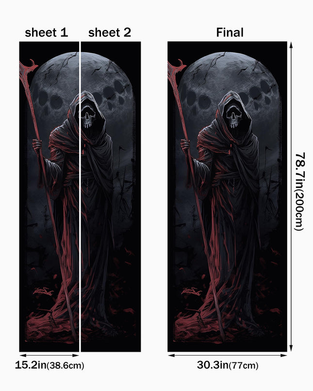 FLFK Halloween Door Mural Stickers, Ghostly Skull with Smiling Grim Reaper, Peel and Stick, Split into 2 Pieces for Total Size of 30.3 x 78.7 inches, For Halloween home decor