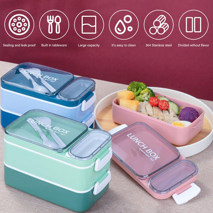 LetsLife 1600ml Bento Box for Adult Kids, Double-Layer Large Lunch Containers with Stainless Steel Inner, Built-in Cutlery and Sauce Pot, Leakproof Food Storage Container Set, Microwavable