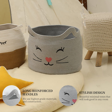 ZLG Cat Face Basket with Handles Handmade Standing baskets for Nursery Decor and Storage