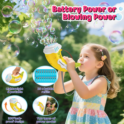 Horn Bubble Machine Gun for Kids: 2 Pack Automatic/Blowing Mode Bubble Maker Blower Blaster Toys with 20 Refill Solutions, Music Function, Summer Outdoor Toys Birthday Gifts for Toddlers Ages 3-8