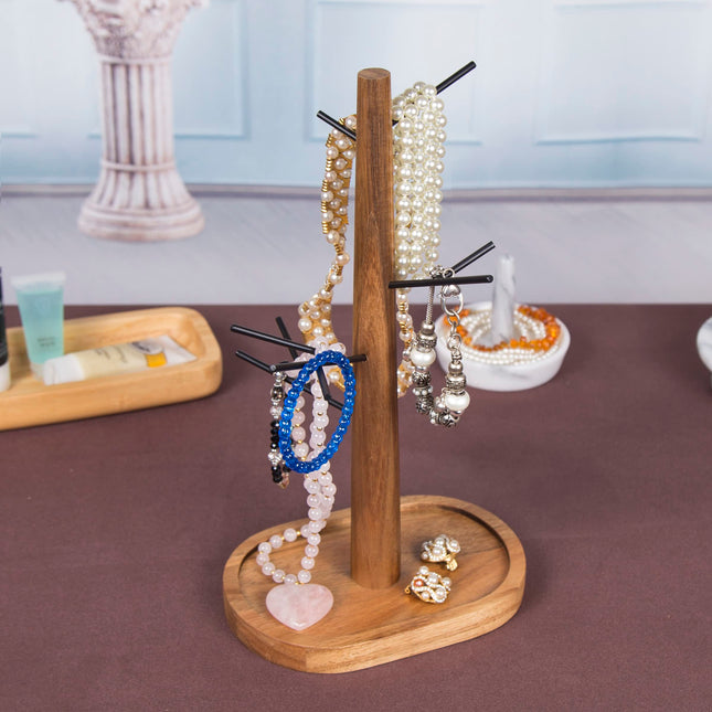 【Elegant & Sturdy】 Black Metal Jewelry Stand with Acacia Wood Tray | Necklace & Bracelet Holder | Minimalist Jewelry Organizer for Vanity, Bathroom & Retail Display | 34 cm Tall