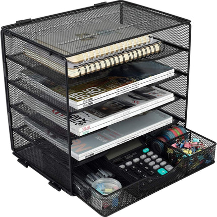 EasyPAG Desk File Organizer 5-Tier Mesh Desk Organizers and Storage Desk Accessories with Drawer Paper Tray Organizer,Black