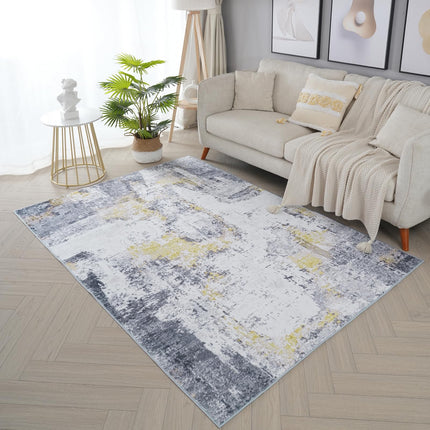 BRICHOEE Modern Abstract Rug, Aesthetic Machine Washable 4x6 Gold and Grey Rugs, Soft Low Pie Distressed Area Rugs for Kitchen/Hallway/Dining Room