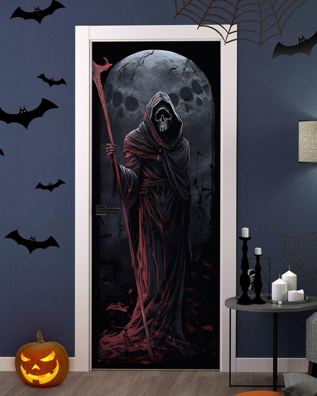 FLFK Halloween Door Mural Stickers, Ghostly Skull with Smiling Grim Reaper, Peel and Stick, Split into 2 Pieces for Total Size of 30.3 x 78.7 inches, For Halloween home decor