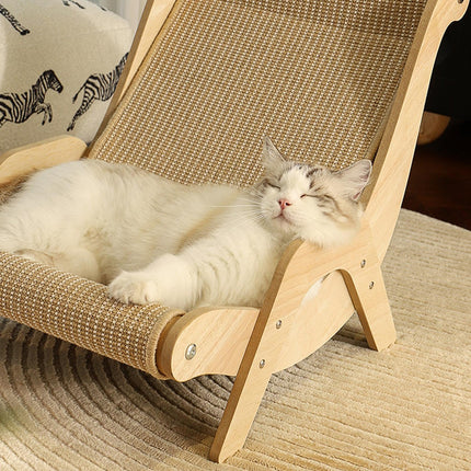 Pet Beach Chair, Elevated Cat Chair Bed, Wooden Pet Sisal Scratcher, Lounging Raised Pet Chair, Cat Lounge Chair for Garden, Living Room, Bedroom, Indoors, Balcony
