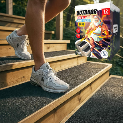 Thunder Grip Outdoor Stair Treads Non Slip 30" x 8" - 12-Pack Weather Resistant Exterior Grip Tape for Wooden Steps Strips Waterproof 80-Grit Adhesive Treads