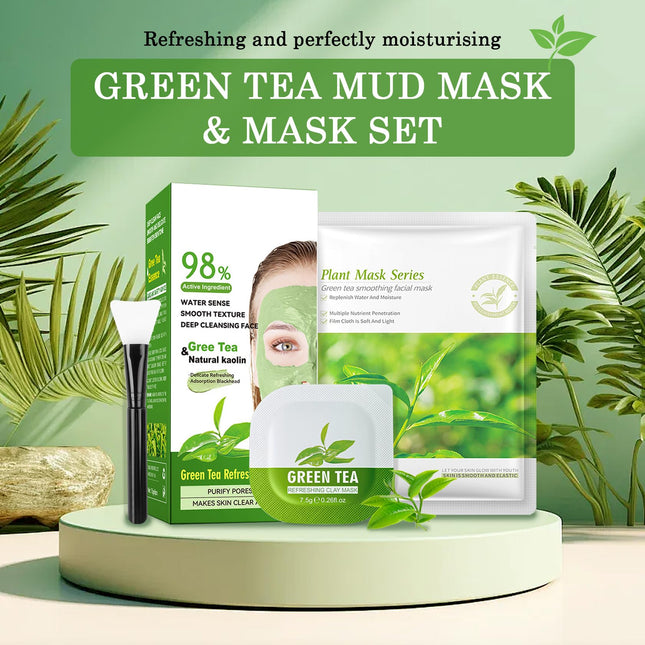 SALDOER 5PCS Green Tea Face Sheet Mask + 8PCS Green Tea Clay Mask Set, Oil Control Deep Cleansing Green Tea Clay Mask with Brush for All Skin Types