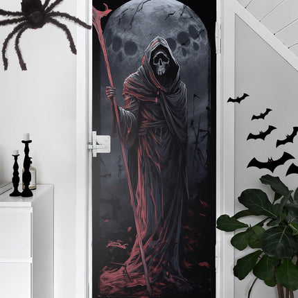 FLFK Halloween Door Mural Stickers, Ghostly Skull with Smiling Grim Reaper, Peel and Stick, Split into 2 Pieces for Total Size of 30.3 x 78.7 inches, For Halloween home decor