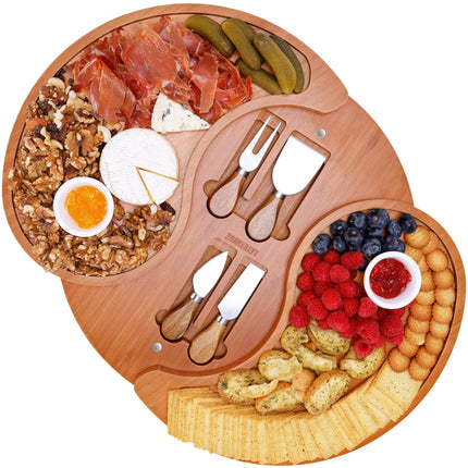 ZMARKRAFT US Patented Double-Layer Charcuterie Board| Large Cheese Board Platter Set w 4 Knives and 2 Bowls | Premium Bamboo Serving Tray | Hoursewarming Christmas (Mocha Brown)