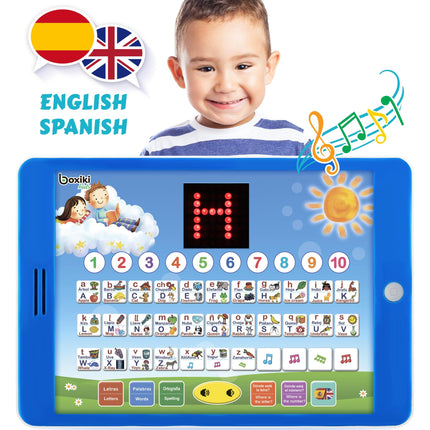 English and Spanish Bilingual Learning Tablet Toy with Small LED Screen by Boxiki Kids | ABC, Animals, Fruit and Other Words | Learning Toys for 3 Year olds and Above