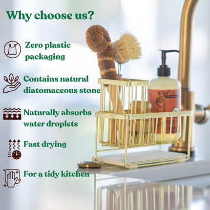 Kitchen Sink Caddy Organizer – With Self-Drying Stone, Multi-Purpose with Sponge & Dish Brush Holder, Compact Sink Sponge Holder for Kitchen or Bathroom Countertop