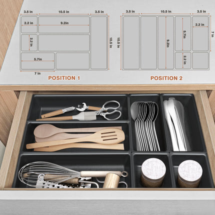 JEHONN Silverware Organizer, Utensil Drawer Tray for Kitchen Flatware Cutlery, Large Adjustable Plastic Storage Divider with 7 Compartment for Spoons Forks Knives (Black)