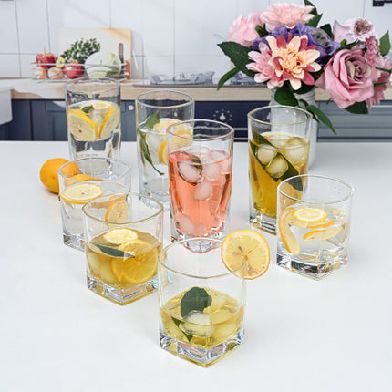 Collins Everyday Set of 16 Drinkware Kitchen Glasses for Cocktail, Iced Coffee, Beer, Ice Tea, Wine, Whiskey, Water, 8 Tall Highball Glass Cups & 8 Short Old Fashioned Drinking Glass
