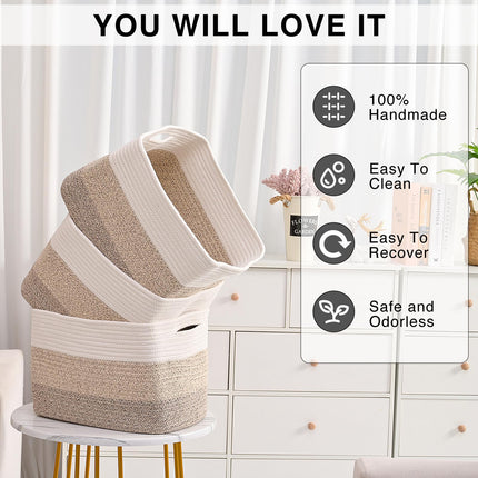 ICERZCZ 3PACK Woven Cotton Rope Basket for Storage Books, Toy Storage Basket, 15"x11"x9.5", Gradient Brown X003TEYKE7