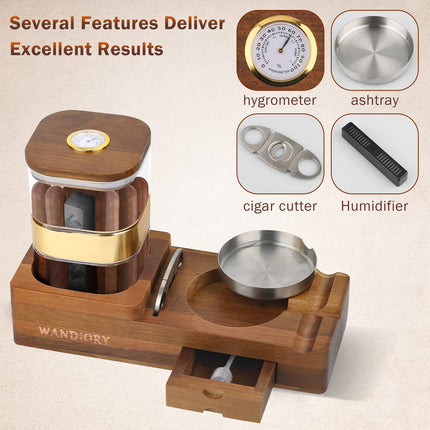 WANDiORY Cigar Humidor Ashtray Set, Multi-functional Cigar Humidors with Sealed Box, Hygrometer, Humidifier, Detachable Ashtray, Small Drawer, Cutter, Brown, Acacia Wood, Rustic Modern Style