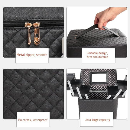 Cosmetic Bag with Mirror for Travel Vanity,Large Makeup Organizer Bag with 6 Compartments 3 Layer Drawers,Toiletry Bag for Women Men (Black)