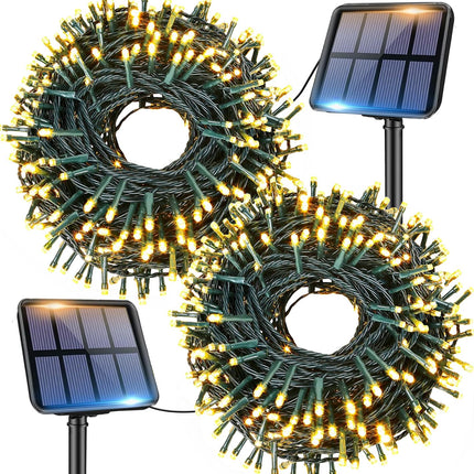 Pipiruew Outdoor 2 Pack 66FT 200 LED Solar Powered IP65 Waterproof with 8 Lighting Modes Fairy Lights, Warm White