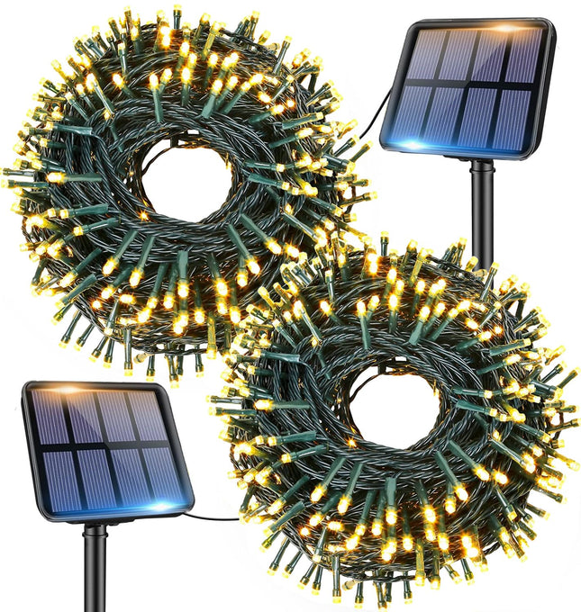 Pipiruew Outdoor 2 Pack 66FT 200 LED Solar Powered IP65 Waterproof with 8 Lighting Modes Fairy Lights, Warm White