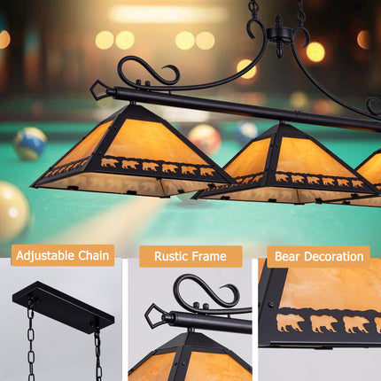 TOCHIC Pool Table Light, 3 Lights Tiffany Billiard & Pool Table Lights, 49.5" Farmhouse Chandelier for Dining Room, Rustic Light Fixture with Bear for 7, 8, 9 ft Tables, Game Room, Basement, Bar-#C4