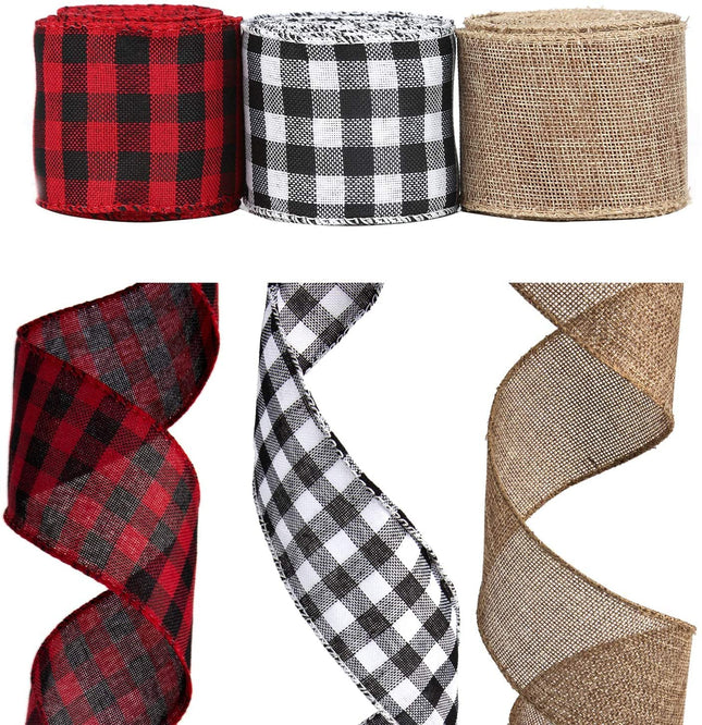 AIEX 3 Rolls Christmas Wired Ribbons, 2.5”x10 Yards Black Red/Black White Buffalo Plaid Ribbons and Natural Burlap Ribbon for DIY Craft, Gift Wrapping, Christmas Wedding Craft Decorations