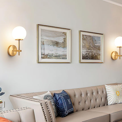 Battery Operated Wall Sconces Set of 2,Not Hard Wired Brass Gold -White Glass Globe Wall Lights, Wireless Lamp Fixture for Bedroom, Living Room, Bathroom, Hallway