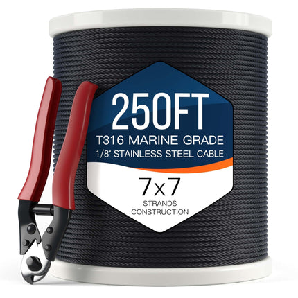 1/8" T316 Stainless Steel Cable, Electroplated Black Aircraft Cable for Deck Railing, 7x7 Strand Core, 250FT, Come with Cutter