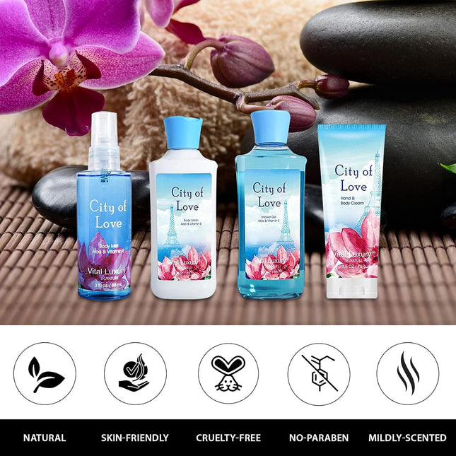 Vital Luxury Bath & Body Kit, 3 Fl Oz, Ideal Skincare Gift Home Spa Set, Includes Body Lotion, Shower Gel, Body Cream, and Fragrance Mist (Cityoflove)