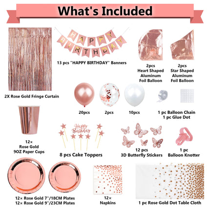 Party spot! 135 Pcs Birthday Decorations For Women, Rose Gold Party Decorations, Happy Birthday Decorations - Balloon Stand Kit, Tableware Kit,Pump, Banner, Tassel Curtain,Balloon, For 12 Guests