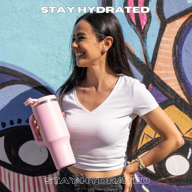 Thermosis 40oz Leakproof Stainless Steel Tumbler with Handle & Straw Insulated, PINK