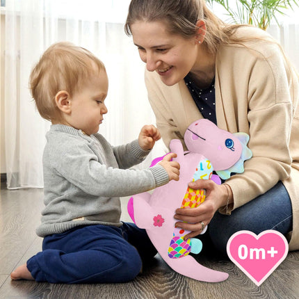 Baby Sensory Dino Musical Stuffed Animal Toys for 0-3-6-9-12 Months，Infant Dinosaur Tummy Time Toys with Crinkle Sound Paper，Teether，Textures & Rattles for Newborn Boys Girls Birthday Gifts，Pink