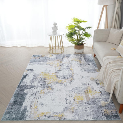 BRICHOEE Modern Abstract Rug, Aesthetic Machine Washable 4x6 Gold and Grey Rugs, Soft Low Pie Distressed Area Rugs for Kitchen/Hallway/Dining Room