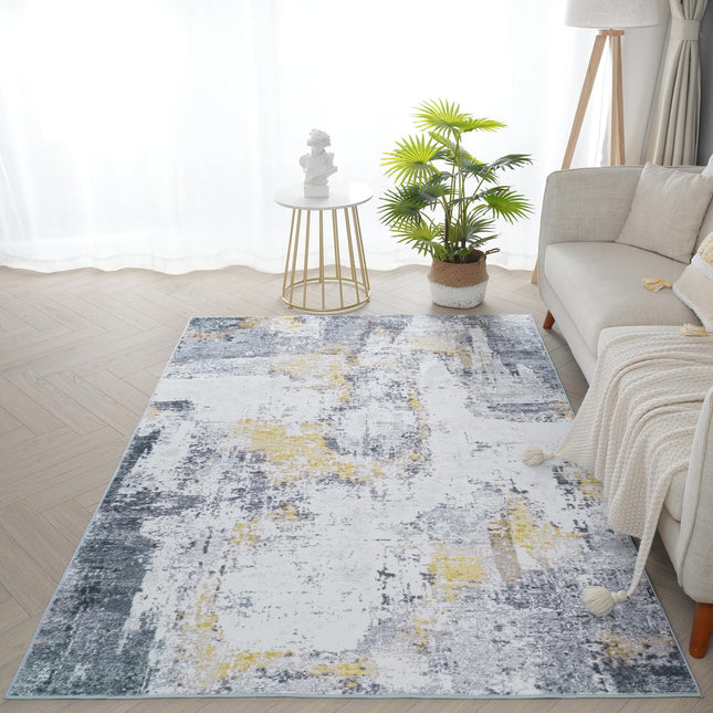 BRICHOEE Modern Abstract Rug, Aesthetic Machine Washable 4x6 Gold and Grey Rugs, Soft Low Pie Distressed Area Rugs for Kitchen/Hallway/Dining Room