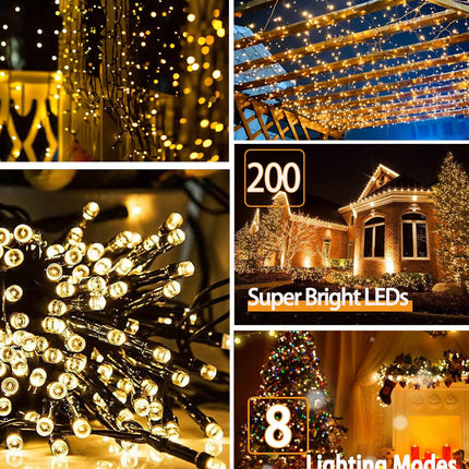 Pipiruew Outdoor 2 Pack 66FT 200 LED Solar Powered IP65 Waterproof with 8 Lighting Modes Fairy Lights, Warm White