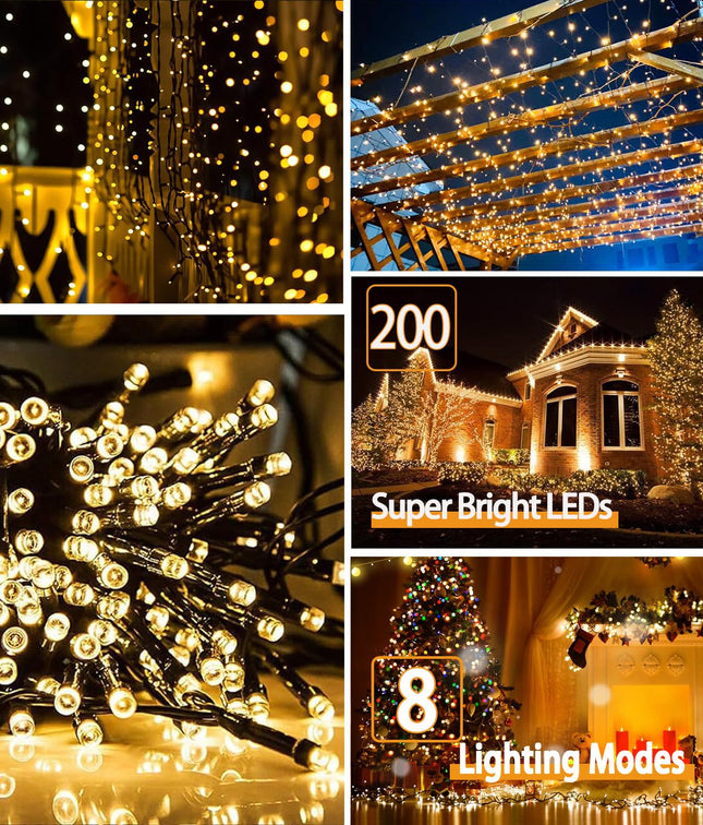 Pipiruew Outdoor 2 Pack 66FT 200 LED Solar Powered IP65 Waterproof with 8 Lighting Modes Fairy Lights, Warm White