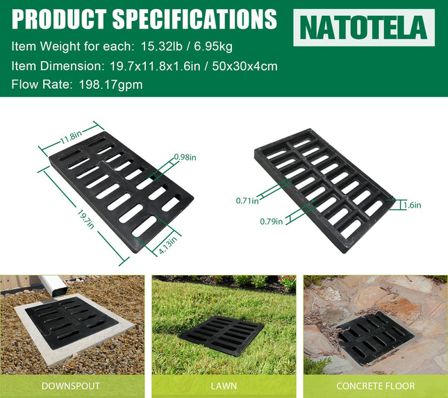 Natotela Fiberglass Cacth Basin Grate-20x12in Square Outdoor Drain Grate for Concrete Cacth Basin,Durable Flat Drainage Grate for Downspout Sewer Lawn Yard Lawn Patio Inlet(19.7x11.8in)