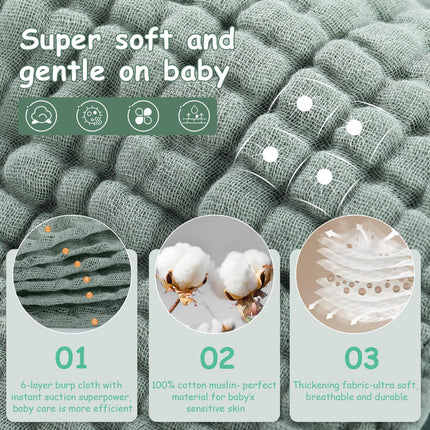 Looxii Muslin 6-PACK 100% Cotton Muslin Cloths Large 20''x10'' Extra Soft and Absorbent Burping Cloth, White+Green