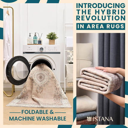Istana Washable Area Rugs 8x10 - Beige Boho - Machine Washable - Non Slip - Pet Friendly - 6-7 mm Pile Height